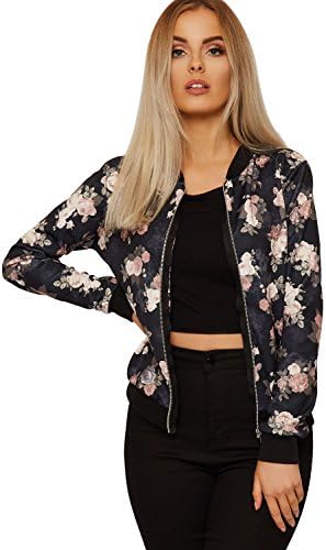 New Womens Ladies Black Multi Floral Long Sleeve Roses Print Zip Front Crew Neck Bomber Jacket Plus Size