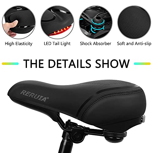 RERUIA Large Comfortable Bike Seat Wide Saddle Shock Absorbing - Oversized Memory Foam Padded Exercise Bicycle Seat Waterproof Leather Cover - Universal Soft Replacement Cycling Cushion for Men Women
