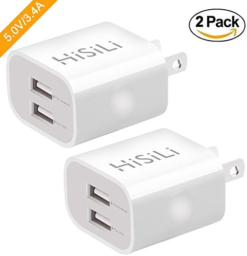 Wall charger, Hisili 3.4A Dual USB Ports Portable Travel Charger, 17W Output for Apple and Android Phone,Tablet, Power bank, Bluetooth Speaker and more -White, 2 Packs