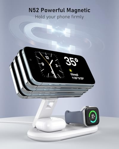 3 in 1 Wireless Charging Station for Apple,Foldable Fast Magnetic Travel Wireless Charger Dock for MagSafe Charger Stand for iPhone 17/16/15/14/13,for Apple Watch,for AirPods