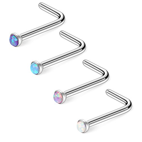 Ruifan 4PCS 22G 316L Surgical Steel 1.5mm Jeweled Mix Color Opal Nose L Shaped Studs Rings Pin Piercing Jewelry