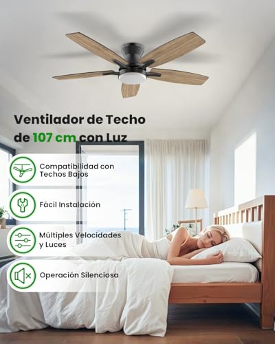 Airwit Ventilador de Techo con Luz de 107cm, 42 Inch Ceiling Fan, Abanicos de Techo Montaje Empotrado con Control Remoto, 6 Velocidades, Luz LED de 3 Colores, 5 Cuchillas, Motor CC Reversible, Negro