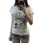 Womens Y2K Skull Gothic Graphic T-Shirt Vintage Slim Fit Grunge Print Tops Crew Neck Streeetwear Crop Top