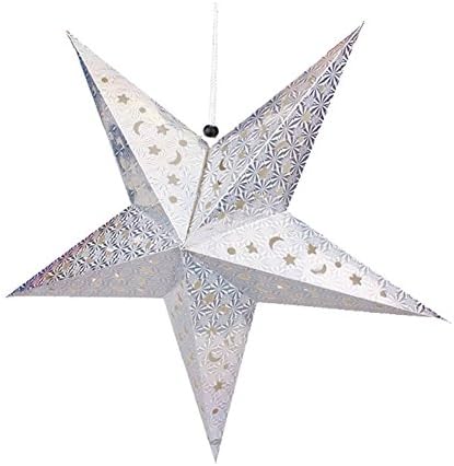 Topbeu 3D Hollow Star Pentagram Paper Lantern Lampshade Ceiling Hanging Decorations for Christmas Birthday Party (Medium: 17.7 inch, Silver)