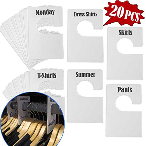 TraGoods 20 Pack White Clothing Rack Size Dividers Plus 60 Labels (1 Inch) and 40 Large Blank Labels, Large Rectangular Clothing Closet Dividers (Pearl White)