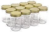 North Mountain Supply 12 Ounce Glass Regular Mouth Mason Canning Jars - with Gold Safety Button Lids - Case of 12