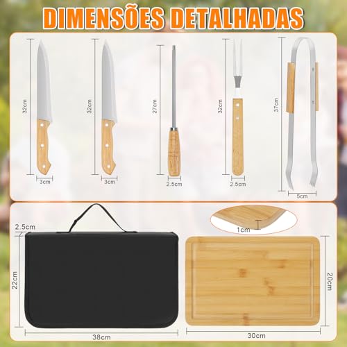 Jogo para Churrasco Inox 6 peças, Kit de Churrasco com Tábua de Bambu, Kit Tábua para Churrasco, Kit Churrasco com Tabua, Kit Churrasco Conjunto, Facas para Churrasco, Jogo de Facas