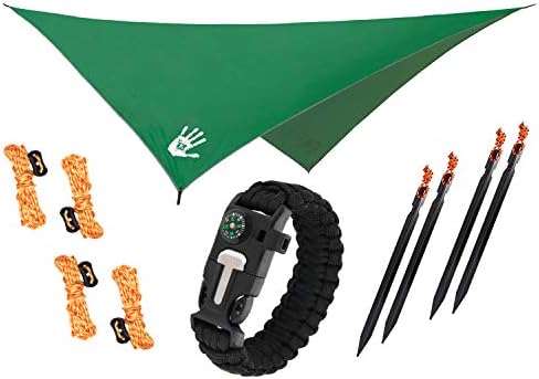 RainFlyEVOLUTION 10 x 10 ft Hammock Waterproof RAIN Fly Tent TARP 170" Centerline & Survival Bracelet Kit – Lightweight – Backpacking Approved – Perfect Hammock Shelter Sunshade for Camping