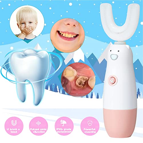 Excefore Kids Electric Toothbrush, 6 Cleaning Models U Shaped Toothbrush Waterproof Battery Powered 360 Automatic Toddler Toothbrushes for 2-7 Years Old for Boys Girls(Pink)