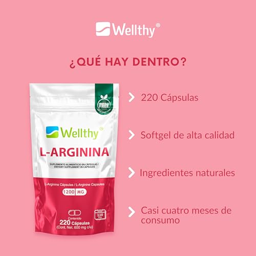 Wellthy L-Arginina 1200mg 220 Caps. 100% Pura y Natural, 110 Porciones por Envase, Alta Pureza con Certificaciones Internacionales, Bottle Free