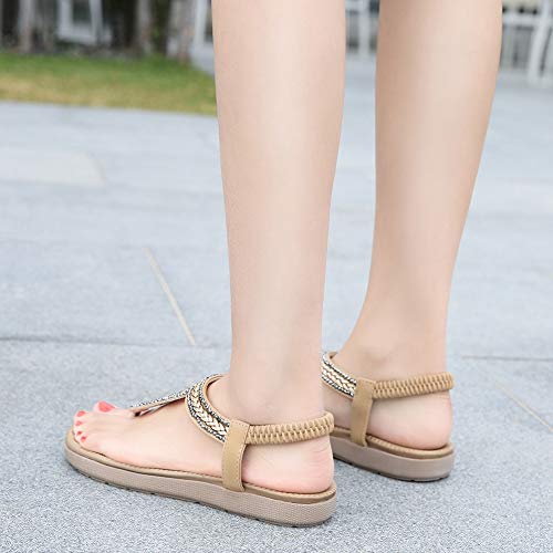 Meeshine Womens Summer Beach Flat Sandals Rhinestone Shiny Beads Slip On Flip Flops Thong Shoes(9 B(M) US,Beige 07)