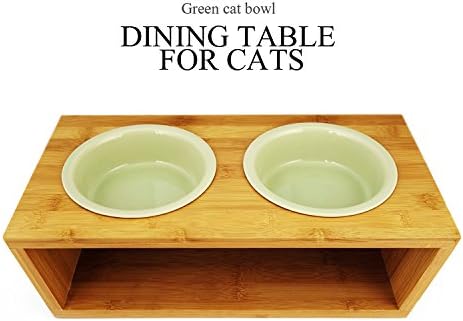 eBelken Natural Bamboo Wood Elevated Stand Cat Food Table, Raised Pet Feeder Bowls with Two Ceramic Bowls