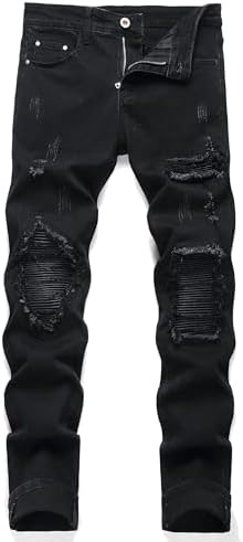 Men's Black Ripped Skinny Jeans Destroyed Stretch Denim Pants