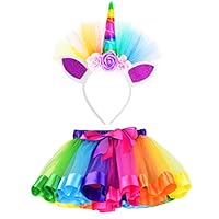 LYLKD Little Girls Layered Rainbow Tutu Skirts with Unicorn Horn Headband (Rainbow, L,4-8 Years)