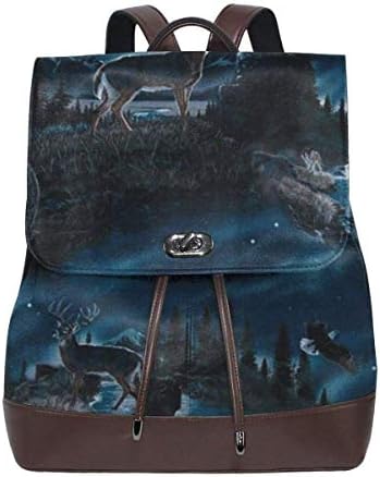Flyup Night Wolf Deer Hawk Women Leather Backpack for Travel Shopping Casual Laptop Fashion Bag