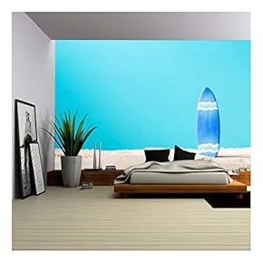Summer Theme with Surfboard on a Bright Blue Background - Removable Wall Mural | Self-Adhesive Large Wallpaper - 66x96 inches