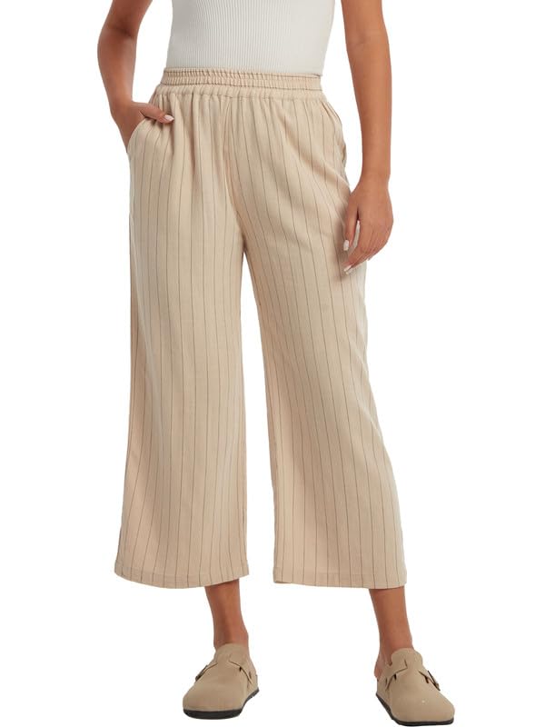 Les umes Women's Summer 7/8 High Waist Linen Pants with Pockets | Comfy Linen Striped Printed Capri Wide Leg Palazzo