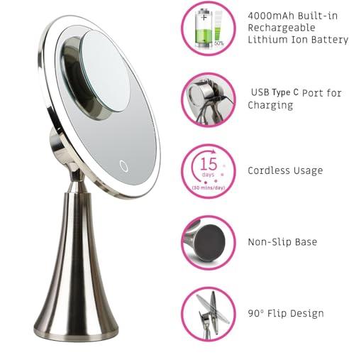 Surdy 9" Lighted Makeup Mirror, Vanity Mirror with Lights,4000 mAh Rechargeable,5x/10x Magnifying Mirror with 3 Color, Brightness Adjustable,360° Rotation Mirror, Women Gift