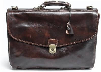Alberto Bellucci Mens Italian Leather Tuscany Triple Compartment Messenger Briefcase in Dark Brown