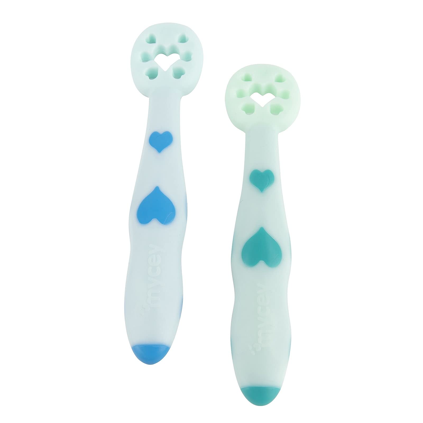 Mycey Soft Tip Puree Dipper - First Self-Feeding Weaning Spoons, Chunky Handles, Reversible, Grips Food Easily,FlexiDip, Baby Starter Spoon, Ideal BLW,Baby Starter Smoosh Spoon, 4m+, Pack of 2 - Blue