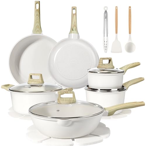 GiPP Ceramic Coating Cookware Sets, Pots and Pans Set Nonstick, 18Pcs Induction Cookware, Non-toxic Healthy Kitchen Cooking Set with Stay-Cool Handles, Dishwasher Safe, PFAS PTFE PFOA PFOS Free(White)