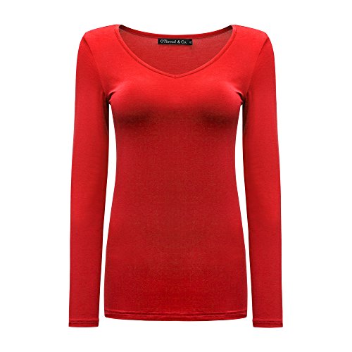 OThread & Co. Women's Long Sleeve T-Shirt V-Neck Basic Layer Spandex Shirts (XX-Large, Red)