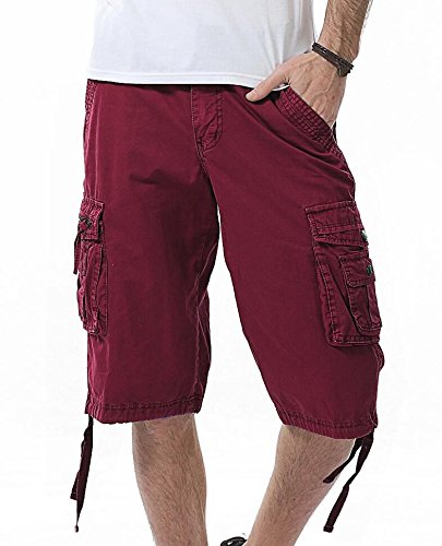 HHGKED Men's Twill Cargo Shorts-Wine red-32 - Thumbnail 3