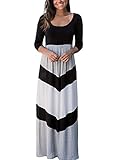 Women Casual 3 4 Sleeve Chevron Striped Printed Round Neck Hight Waist Maxi Dresses Black L