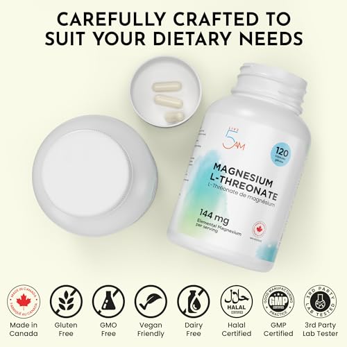 Live 5AM Magnesium L-Threonate 144mg Elemental per Serving, 120 Capsules | Made in Canada. chelated form. Helps maintain proper muscle function, including the heart muscle, 48 mg per serving,