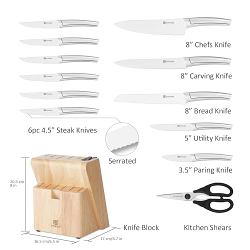 ZUNMARK Kitchen Knife Set, Professional 13 Piece Knife Set with Block and Sharpener, Sharp Chef Knife Set, Ideal for Home and Restaurants, Silver
