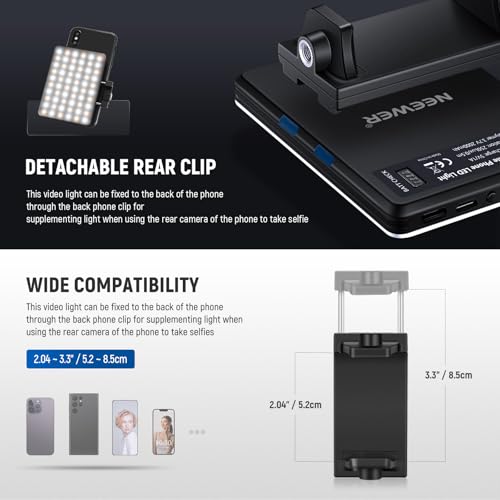 NEEWER Selfie Light with Front & Back Phone Clip, High Power 60 LED 2000mAh Rechargeable CRI 95+, 3 Light Modes, Portable Clip on Light for Tablet/Laptop, Zoom Call TikTok Video Fill Light (NL-60AI)