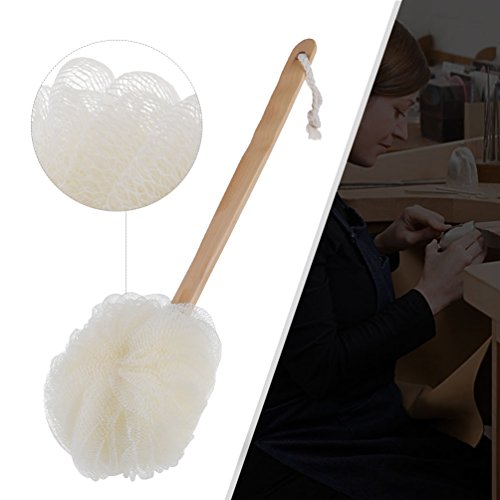 PRETTY SEE Exfoliating Loofah Body Brush with Long Wooden Handle Mesh Shower Bath Sponge
