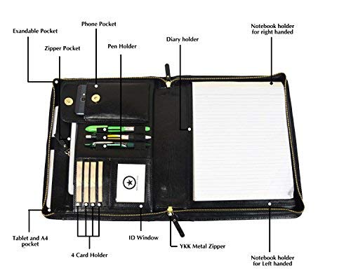 Zippered Genuine Leather Business Portfolio |Easy to Carry Organizer With Writing Pad Holder, Business Card And Pen Slots. IPAD Holder And Flip-Closure Phone Pocket,Black by Aaron Leather (W/o Handle) - Thumbnail 2
