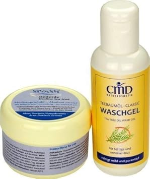 Naturset für Behandlung gegen Akne, Pickel, unreine, fettige Haut: SIVASH-Heilerde-Gesichtsmaske 250g + Teebaumöl Waschgel 20