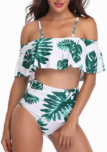Women Padded Ruffles Leaves Print Beach High Waist Suit Bikini Swimwear Plus