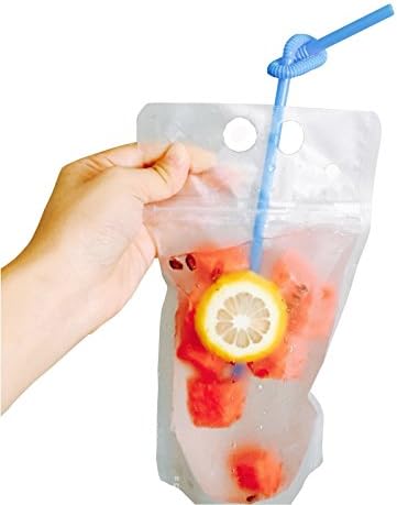 Drink Pouches Heavy Duty Hand-held Reclosable Zipper Stand-up Heat-proof Plastic Pouches with Straws, Case of 50