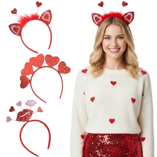 JOINPAYA Valentine's Day Headbands for Women - 3pcs Sequin Heart Hair Accessories for Party Decorations, Photo Booth Props, Cute Holiday Hair Bands at Amazon