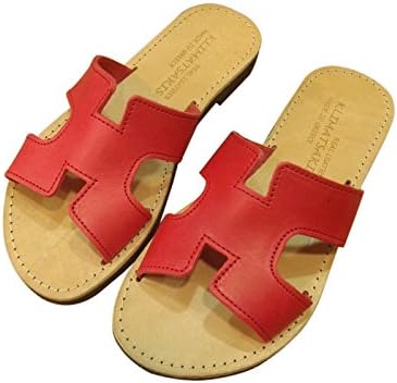 Ancient Greek Style Leather H Sandals Roman Handmade Womens Slide Shoes Gladiator Spartan Hermes Summer Red Colour Slip-On Flat Heel Fashion Girls Flip Flops Greece
