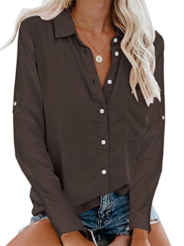 Beautife Womens Long Sleeve Shirts V Neck Collared Button Down Shirt Tops with Pockets