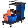 HOMCOM schoonmaakwagen reinigingswagen veegwagen systeemwagen met 4 licht lopende wielen zwart + blauw + oranje 111 × 63…