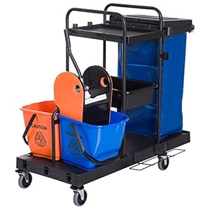 HOMCOM schoonmaakwagen reinigingswagen veegwagen systeemwagen met 4 licht lopende wielen zwart + blauw + oranje 111 × 63…
