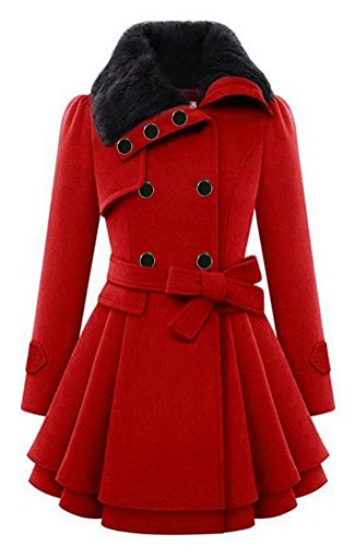 Womenâ€™s Winter Coat Faux Fur Lapel Woolen Slim Jacket Long Sections Warm Outwear (M, Red)