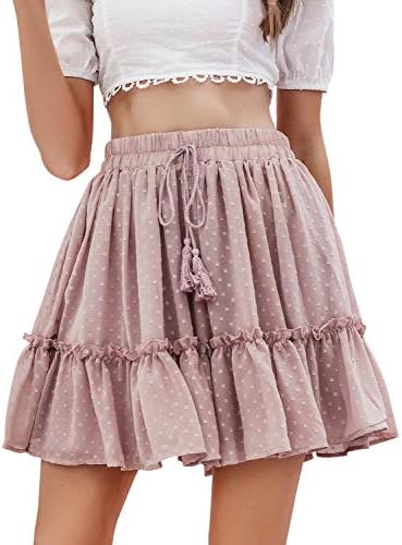 Season 4 Women's Dot Floral Print Ruffle Mini Skirt High Waist A line Skirts with Tassels