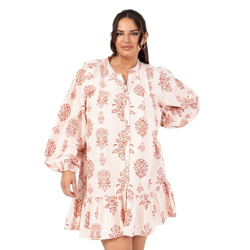 Lovedrobe Camiseta para Mujer de Manga Larga con Globo, Cuello con Niveles, con Botones y Estampado Floral Vestido, Rust Orange, 44