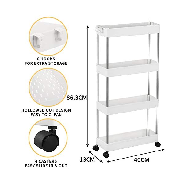 SPACEKEEPER-Storage-Trolley-4-Tier-Slim-Storage-Cart-Slide-Out-Rolling-Utility-Cart-Mobile-Shelving-Unit-Trolley-Organizer-Cart-for-Kitchen-Bathroom-Laundry-Office-Plastic-Stainless-Steel-White SPACEKEEPER Storage Trolley 4-Tier Slim Storage Cart Slide Out Rolling Utility Cart Mobile Shelving Unit Trolley…
