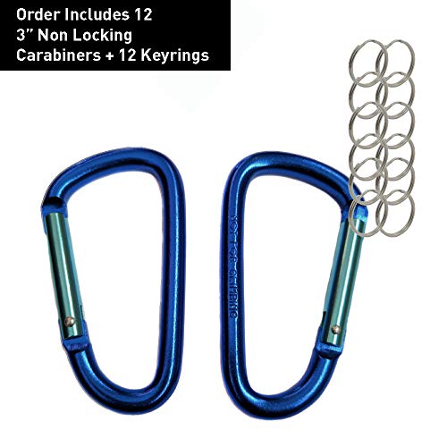 12Pack Aluminum Carabiner 3 Inch, Blue D Shape Heavy Duty Buckle
