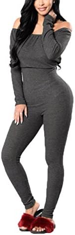 FOUPLER Women Off Shoulder Long Sleeve Bodycon Tight Full Pants Jumpsuits Rompers