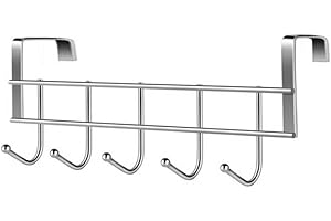 HogarTech Stainless Steel 5-Hook Over-The-Door Clothing Hanger Rack – Space-Saving Door-Mount Organizer for Hats, Belts, Scar
