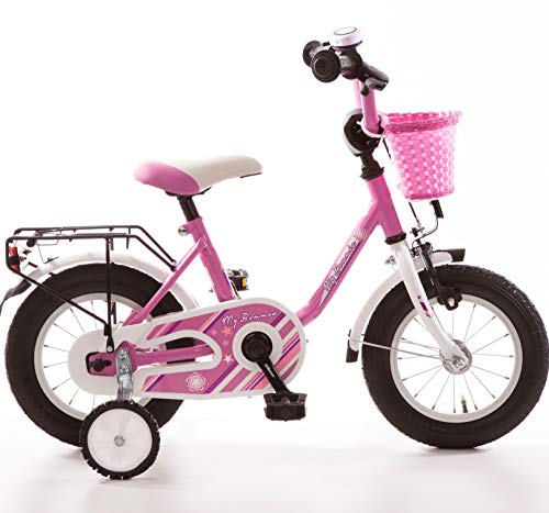 Bachtenkirch Kinderfahrrad 12 Zoll Fahrrad Kinder ab 3 Jahre Mädchen Fahrräder Kinderrad Mädchenfahrrad Rad Pink Weiss Lila Rücktrittbremse Stützräder Korb