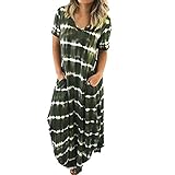 Women Casual Short Sleeve Split Tie Dye Striped Beach Pocket Split Irregular Hem Long Dress